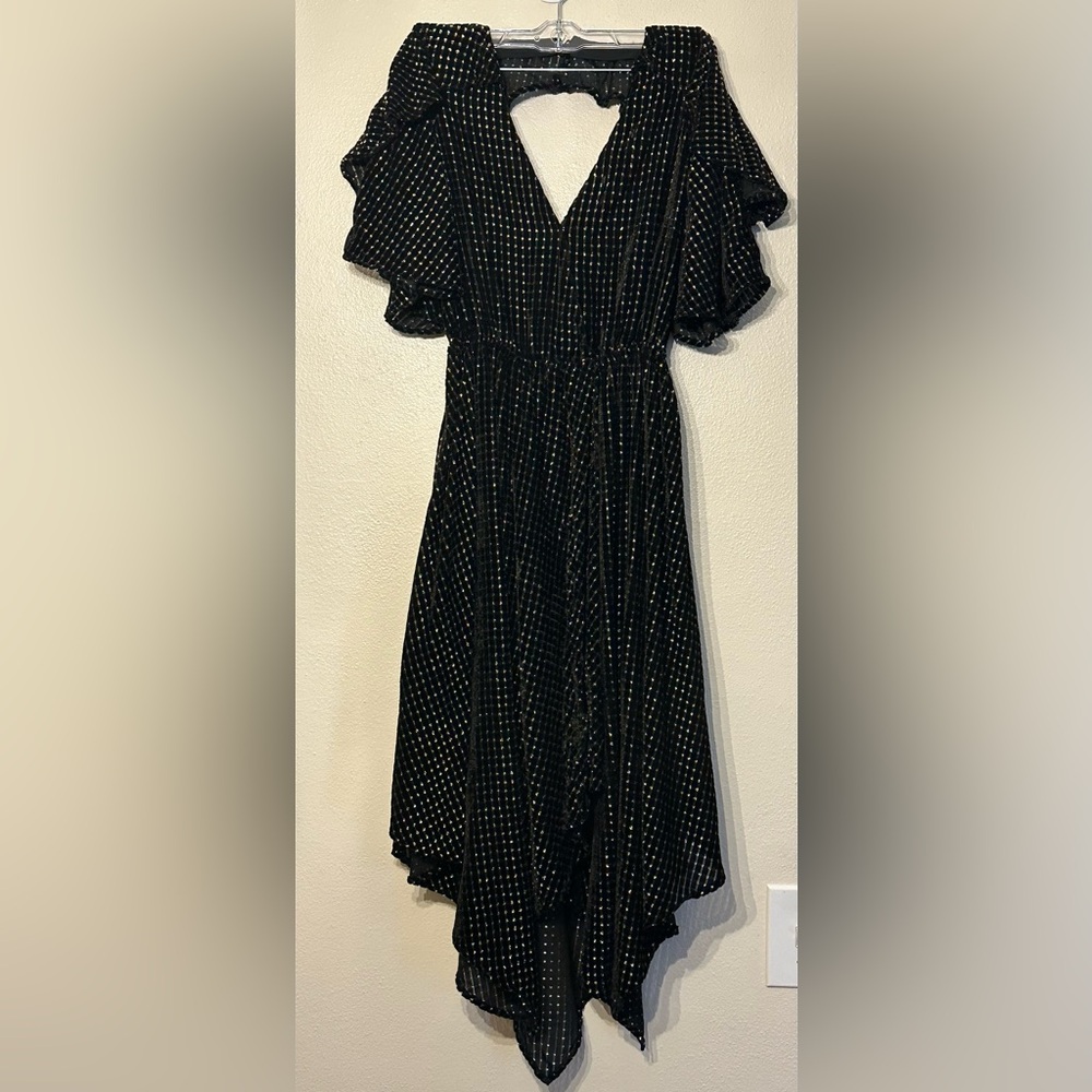 House of Harlow 1960 × Revolve Velvet Metallic Dress Black Gold Ruffles Size XS